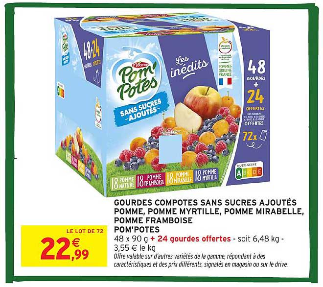 Gourdes compotes sans sucres ajoutés Pomme, Pomme Myrtille, Pomme Mirabelle, Pomme Framboise