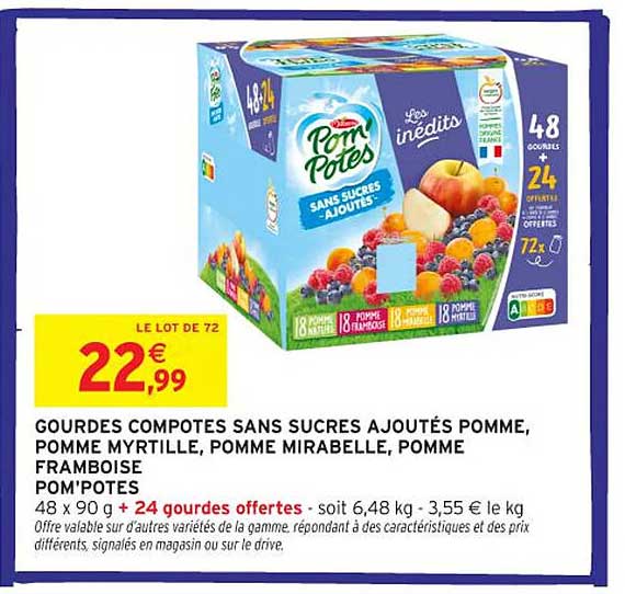 Gourdes compotes sans sucres ajoutés pomme, pomme myrtille, pomme mirabelle, pomme framboise Pom'Potes