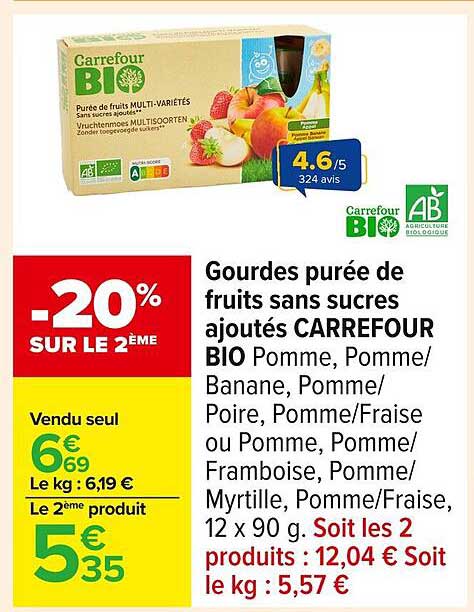 Gourdes purée de fruits sans sucres ajoutés CARREFOUR BIO Pomme, Pomme/Banane, Pomme/Poire, Pomme/Fraise ou Pomme, Pomme/Framboise, Pomme/Myrtille, Pomme/Fraise, 12 x 90 g