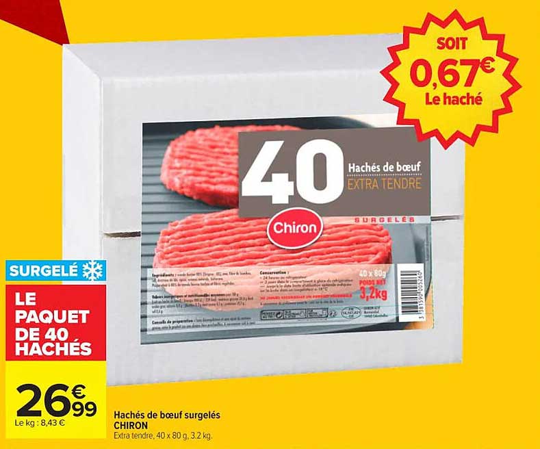 Hachés de boeuf surgelés Chiron - 40 x 80 g