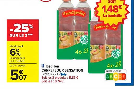 Iced Tea CARREFOUR SENSATION Pêche, 4 x 2 L