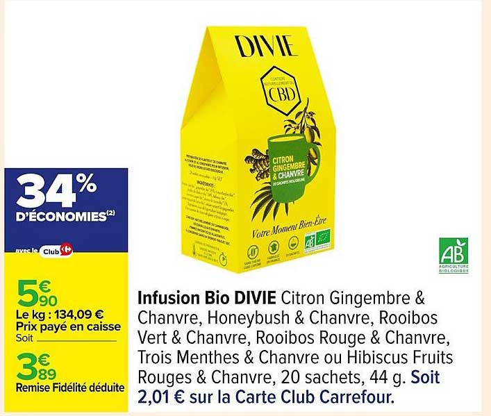 Infusion Bio DIVIE Citron Gingembre & Chanvre
