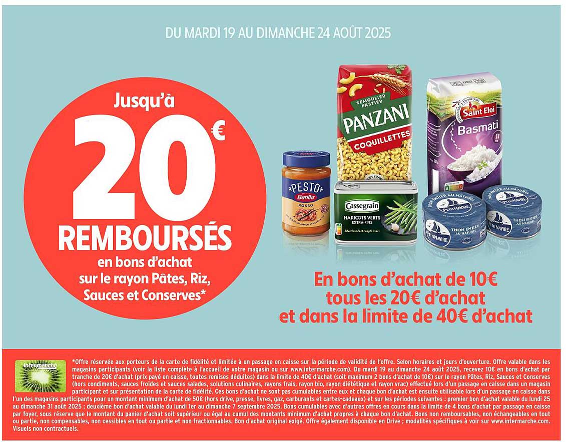 Jusqu'à 20 € REMBOURSÉS en bons d'achat sur le rayon Pâtes, Riz, Sauces et Conserves