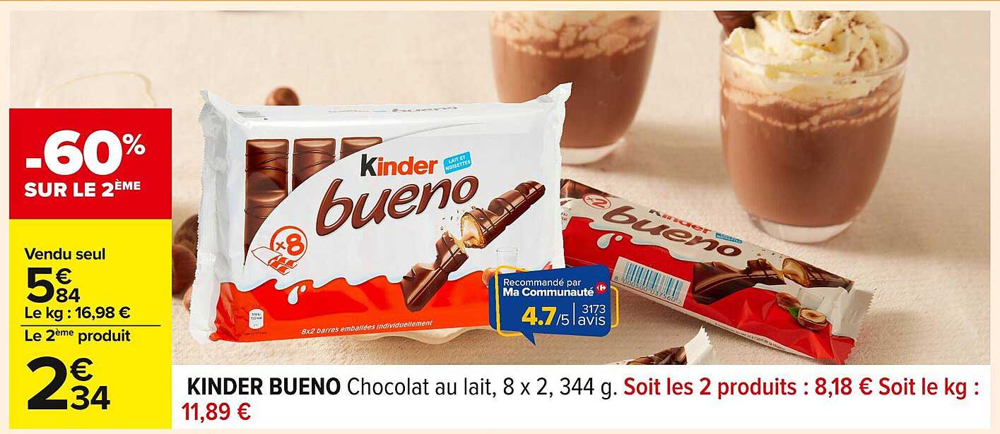 KINDER BUENO Chocolat au lait, 8 x 2, 344 g.