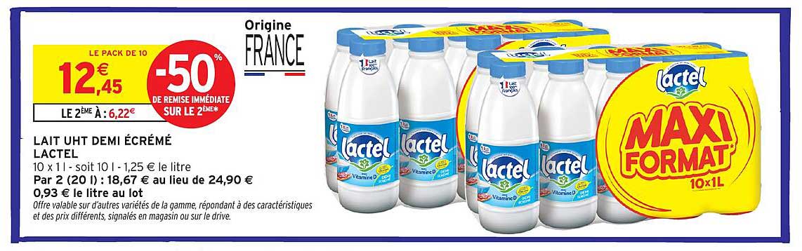 Lait UHT Demi Écrémé Lactel - Pack de 10