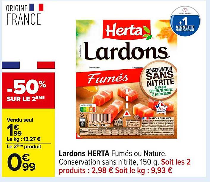 Lardons HERTA Fumés ou Nature, Conservation sans nitrite, 150 g