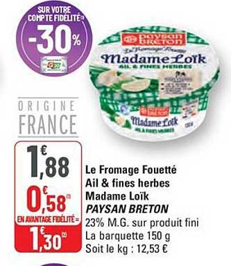 Le Fromage Fouetté Ail & fines herbes Madame Loïk