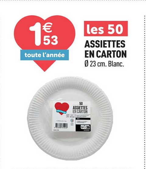 les 50 ASSIETTES EN CARTON Ø 23 cm. Blanc.