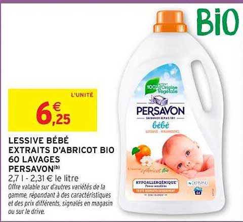 LESSIVE BÉBÉ EXTRAITS D'ABRICOT BIO 60 LAVAGES PERSAVON