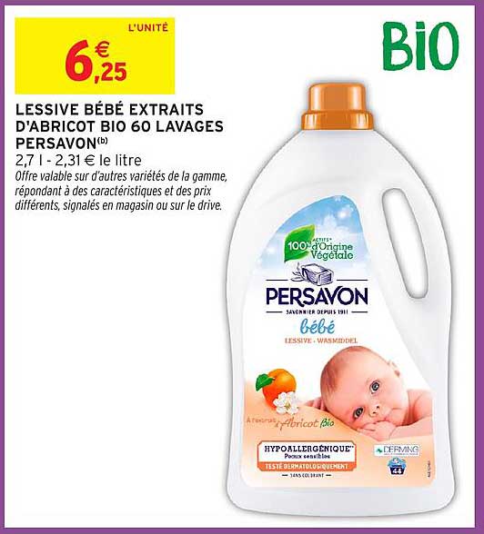 LESSIVE BÉBÉ EXTRAITS D'ABRICOT BIO 60 LAVAGES PERSAVON