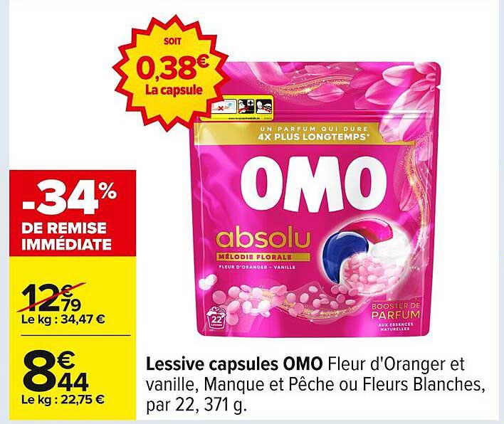 Lessive capsules OMO Fleur d'Orange et vanille, Manque et Pêche ou Fleurs Blanches