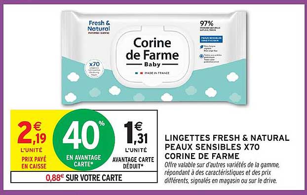LINGETTES FRESH & NATURAL PEAUX SENSIBLES X70 CORINE DE FARME