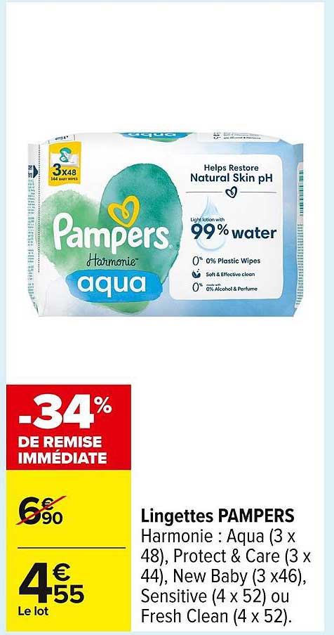 Lingettes PAMPERS Harmonie : Aqua (3 x 48), Protect & Care (3 x 44), New Baby (3 x 46), Sensitive (4 x 52) ou Fresh Clean (4 x 52)