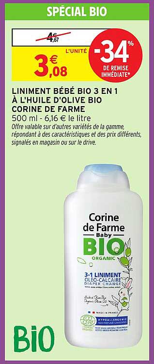 LINIMENT BÉBÉ BIO 3 EN 1 À L'HUILE D'OLIVE BIO CORINE DE FARME