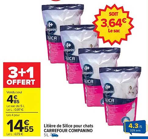 Litière de Silice pour chats CARREFOUR COMPANINO 5 L