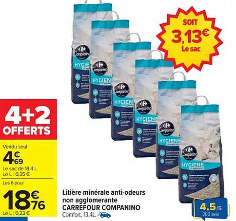 Litière minérale anti-odeurs non agglomérante CARREFOUR COMPANINO