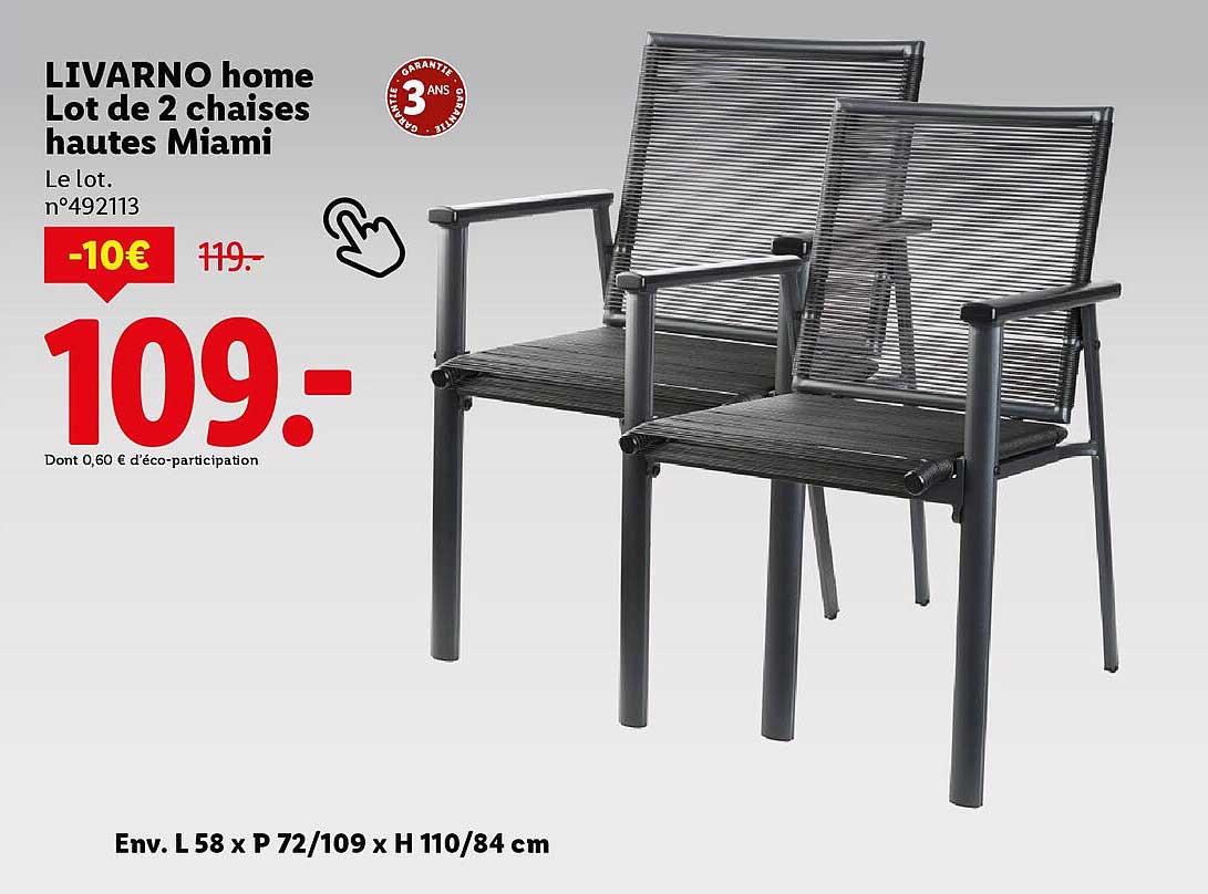LIVARNO home Lot de 2 chaises hautes Miami