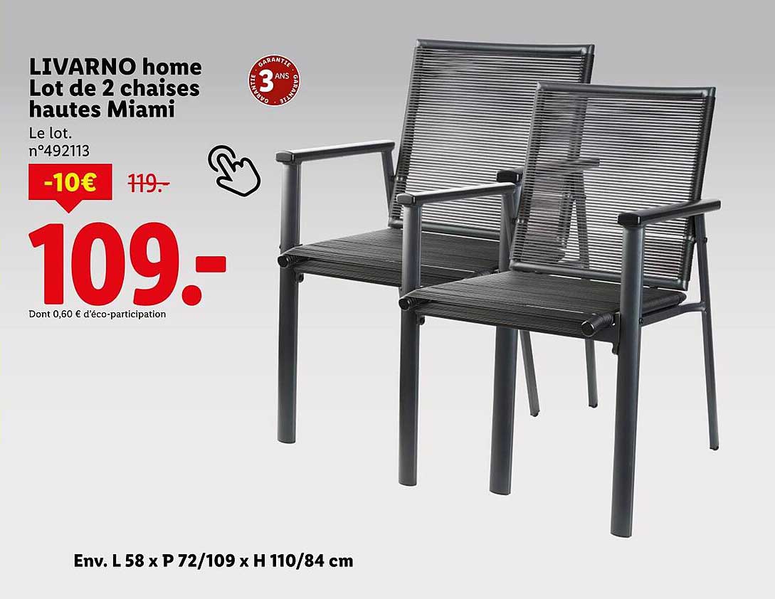 LIVARNO home Lot de 2 chaises hautes Miami