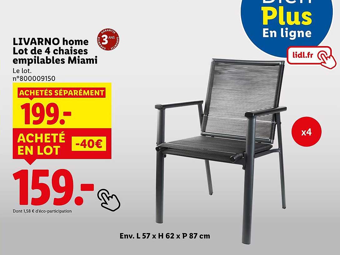 LIVARNO home Lot de 4 chaises empilables Miami