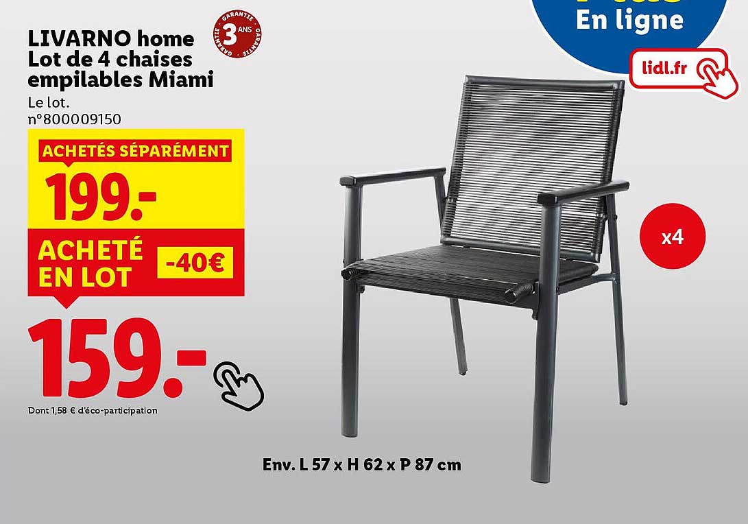 LIVARNO home Lot de 4 chaises empilables Miami