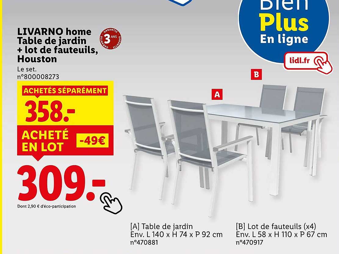 LIVARNO home Table de jardin + lot de fauteuils, Houston