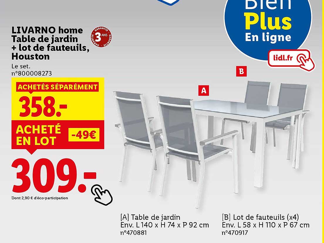 LIVARNO home Table de jardin + lot de fauteuils, Houston