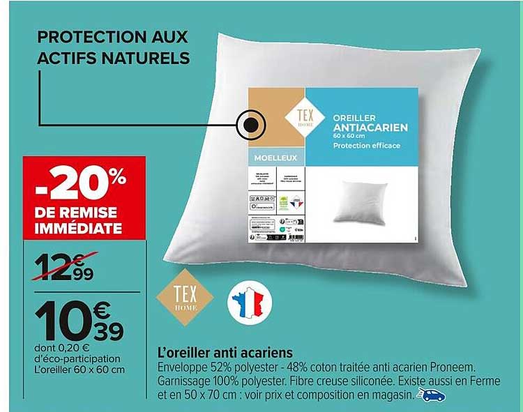 L'oreiller anti acariens 60 x 60 cm
