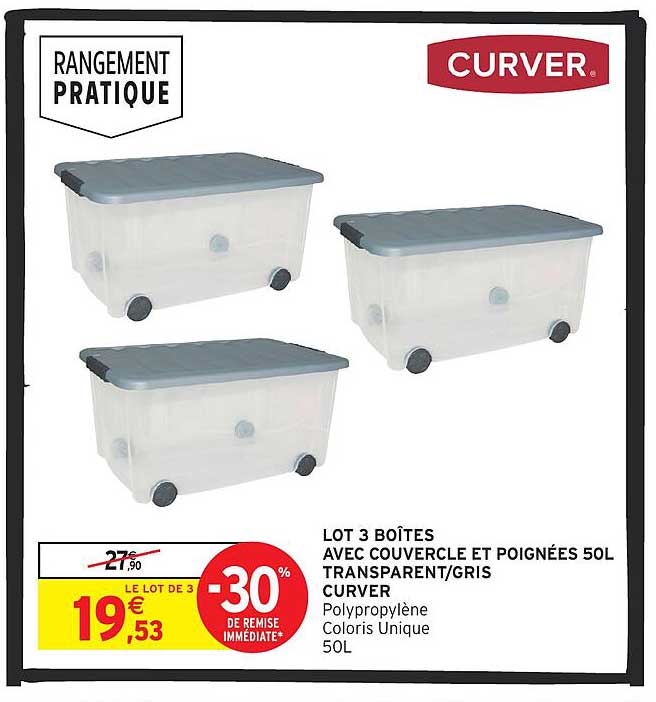 LOT 3 BOÎTES AVEC COUVERCLE ET POIGNÉES 50L TRANSPARENT/GRIS CURVER
