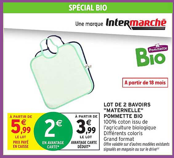 LOT DE 2 BAVOIRS "MATERNELLE" POMMETTE BIO