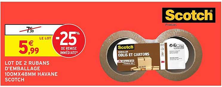 LOT DE 2 RUBANS D'EMBALLAGE 100MX48MM HAVANE SCOTCH