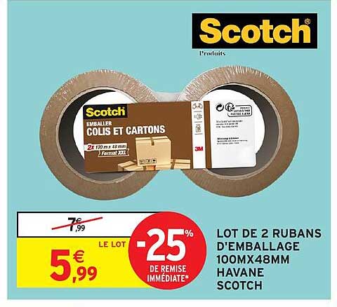 LOT DE 2 RUBANS D'EMBALLAGE 100MX48MM HAVANE SCOTCH