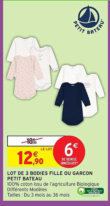 LOT DE 3 BODIES FILLE OU GARCON PETIT BATEAU