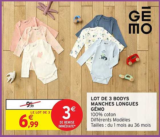 LOT DE 3 BODYS MANCHES LONGUES GÉMO