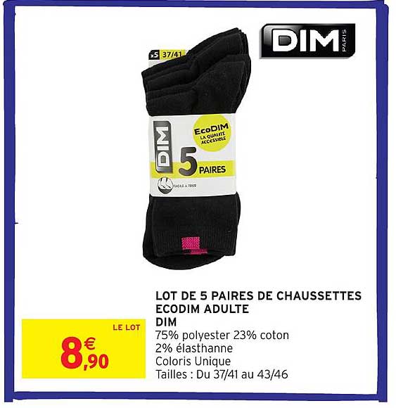 LOT DE 5 PAIRS DE CHAUSSETTES ECODIM ADULTE DIM