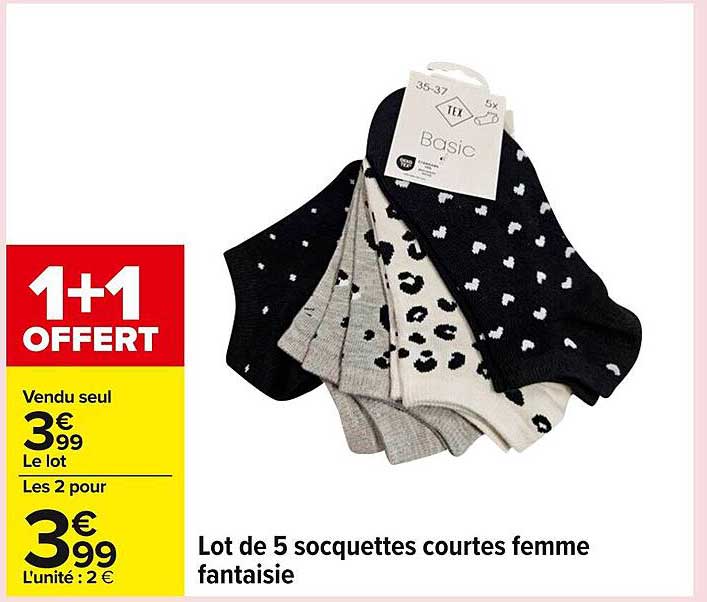 Lot de 5 socquettes courtes femme fantaisie