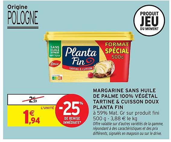 Margarine sans huile de palme 100% végétal Tartine & Cuisson Doux Planta Fin
