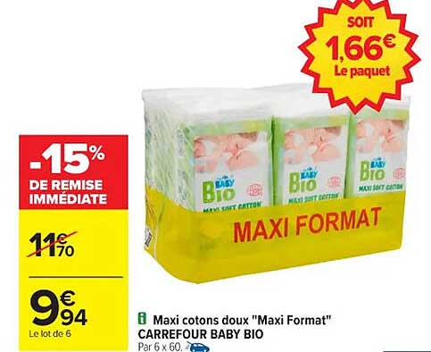 Maxi cotons doux "Maxi Format" Carrefour Baby Bio