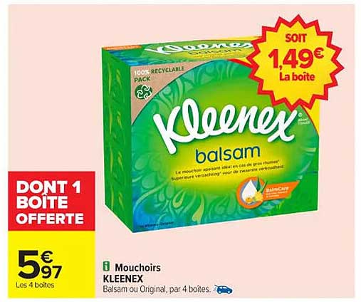 Mouchoirs KLEENEX Balsam ou Original, par 4 boîtes
