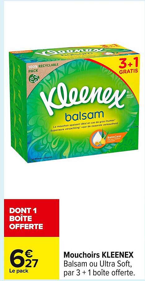 Mouchoirs KLEENEX Balsam ou Ultra Soft, par 3 + 1 boîte offerte.