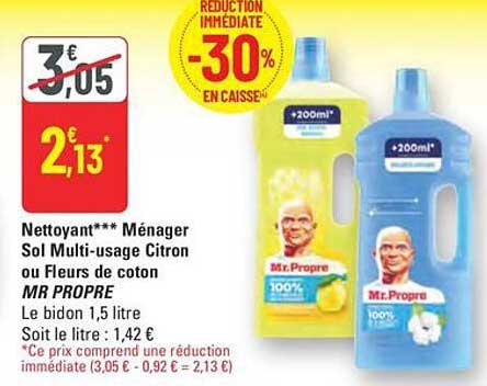 Nettoyant*** Ménager Sol Multi-usage Citron ou Fleurs de coton MR PROPRE