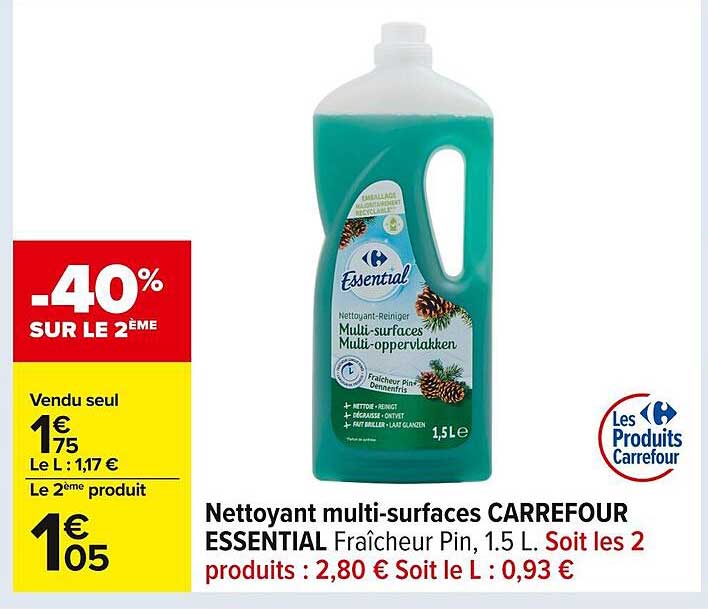 Nettoyant multi-surfaces CARREFOUR ESSENTIAL Fraîcheur Pin, 1,5 L