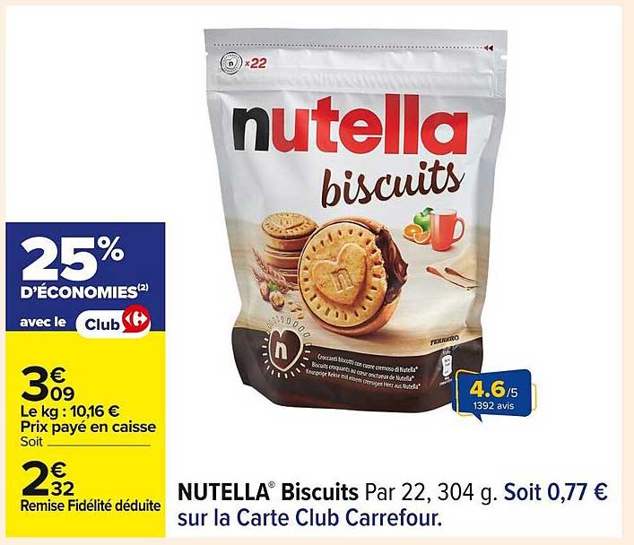 NUTELLA® Biscuits Par 22, 304 g. Soit 0,77 € sur la Carte Club Carrefour.