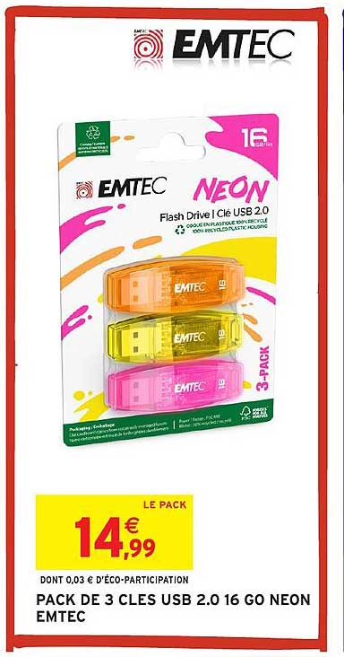 PACK DE 3 CLES USB 2.0 16 GO NEON EMTEC