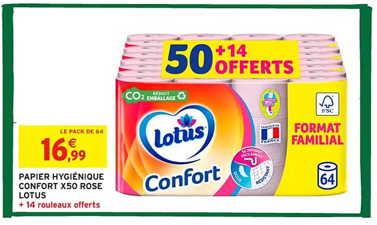 PAPIER HYGIÉNIQUE CONFORT X50 ROSE LOTUS + 14 rouleaux offerts