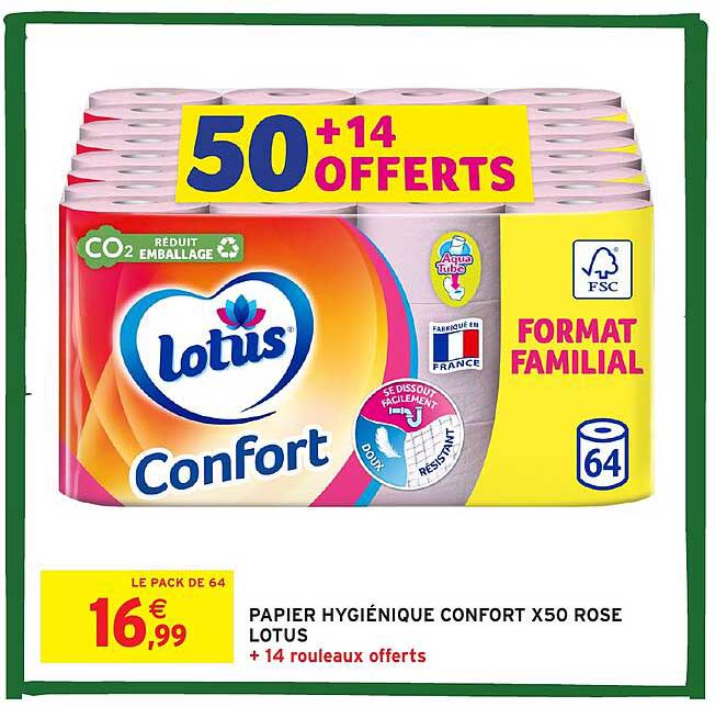 PAPIER HYGIÉNIQUE CONFORT X50 ROSE LOTUS + 14 ROULEAUX OFFERTS