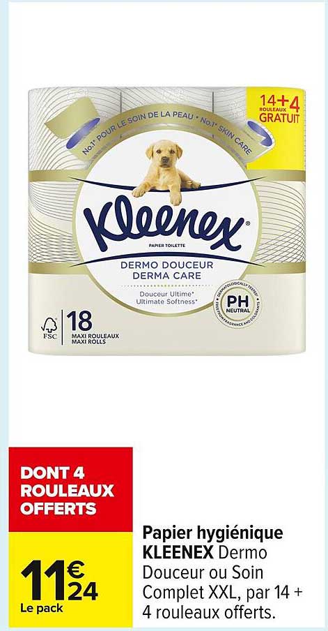 Papier hygiénique KLEENEX Dermo Douceur ou Soin Complet XXL, par 14 + 4 rouleaux offerts.