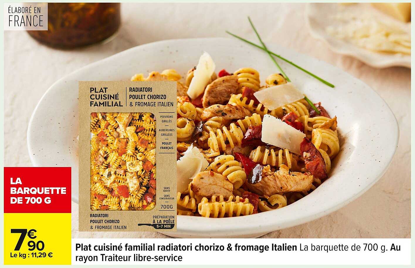 Plat cuisiné familial radiatori poulet chorizo & fromage Italien