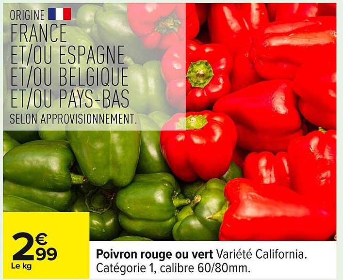 Poivron rouge ou vert Varieté California. Catégorie 1, calibre 60/80mm.