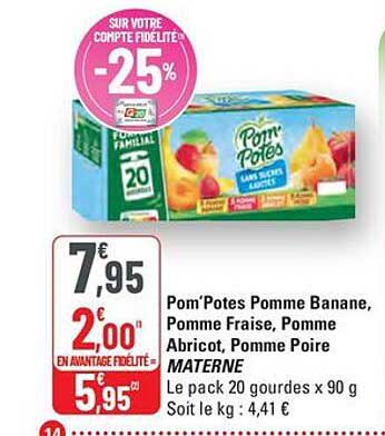 Pom’Potes Pomme Banane, Pomme Fraise, Pomme Abricot, Pomme Poire MATERNE