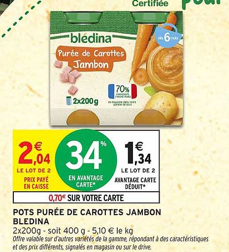 POTS PURÉE DE CAROTTES JAMBON BLEDINA